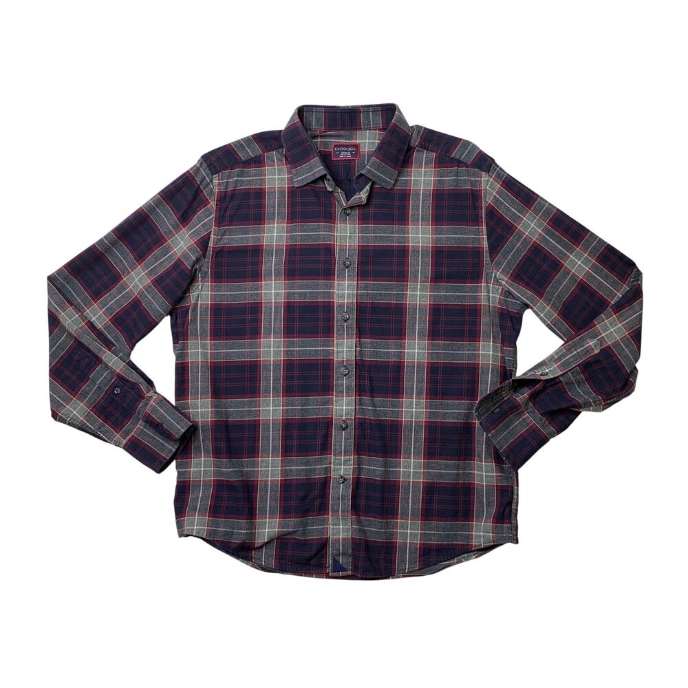 Untuckit Shirt Mens M Medium Navy Burgundy Alentejo Plaid Button Up Long Sleeve